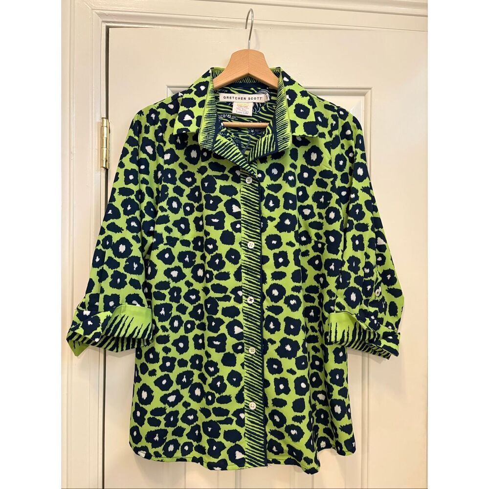 Gretchen Scott Boyfriend Shirt Blouse Me Jane Leopard M - Picture 2 of 5